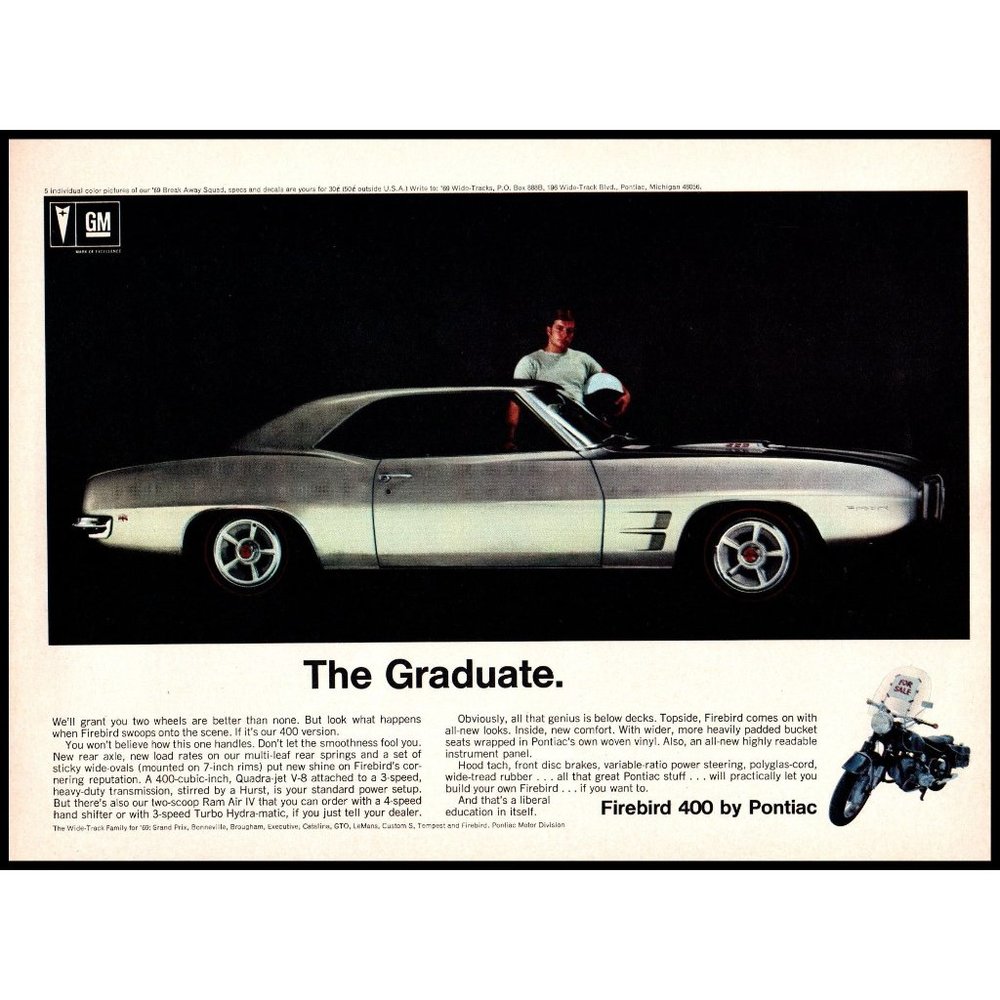 1969 Pontiac Firebird 400 2 Door Sports Car Vintage Print Ad The Graduate Art